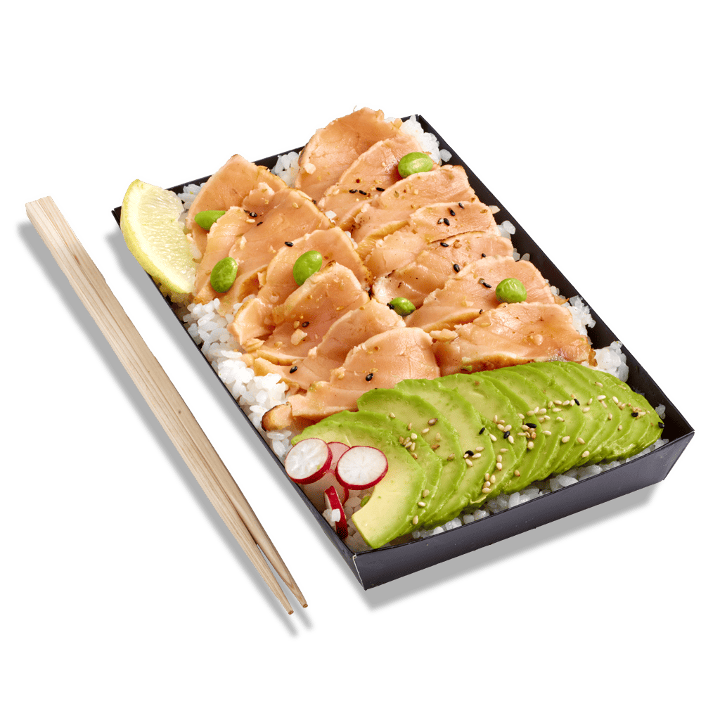 Bento-Tataki-Saumon Bento composé de riz blanc, saumon mi-cuit façon Tataki et crudités