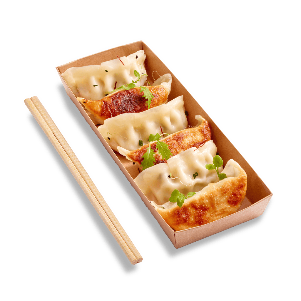 Barquette de raviolis japonais farcis au boeuf Wagyu mariné : Gyoza Wagyu